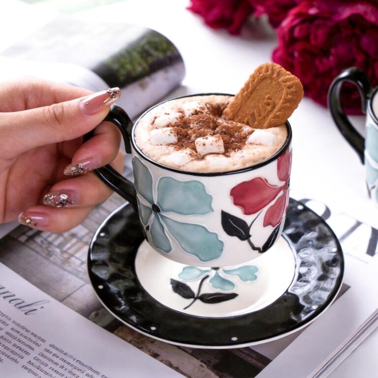 KAMMAK Coffee Cups and Saucers Set of 2, 8.5oz Ceramic Tea Cup with Saucer – detail view 1