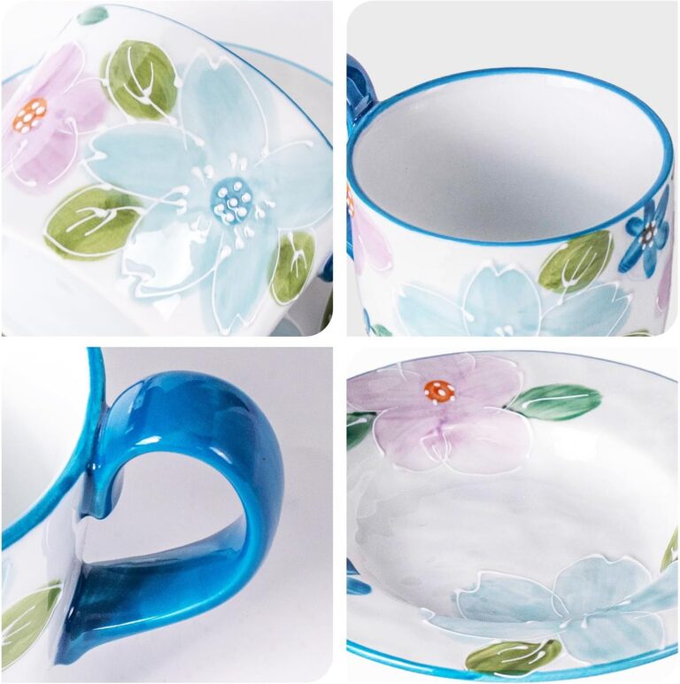 KAMMAK Coffee Cups and Saucers Set of 2, 8.5oz Ceramic Tea Cup with Saucer – detail view 2