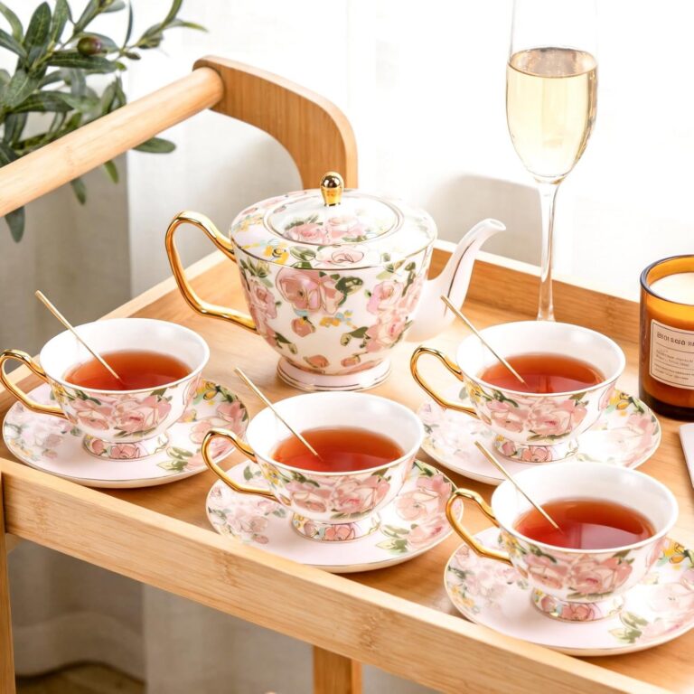 Porcelain Tea Set with Teapot, Teacups, Saucers and Spoons, NX050 – detail view 4