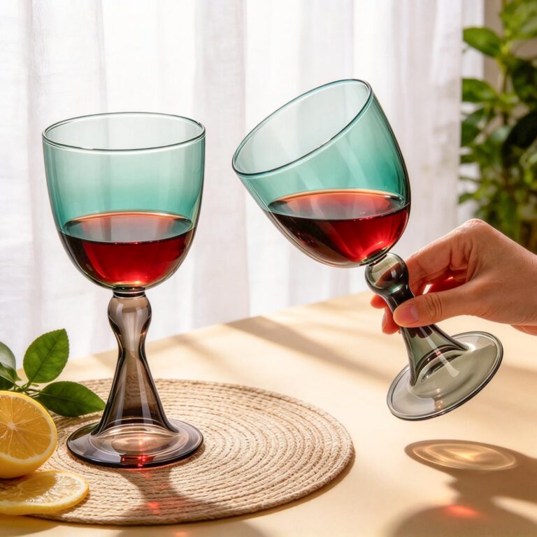 KAMMAK KS0010 set of two green wine glasses with gray stems in use