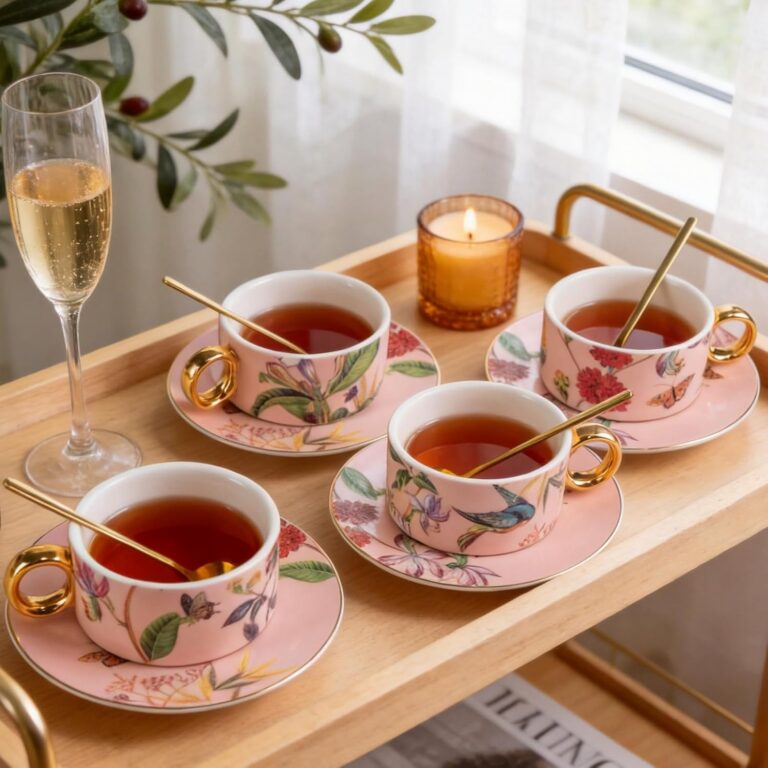 Porcelain Tea Set for 4, Stackable Coffee Cups and Saucers with Spoons – detail view 4