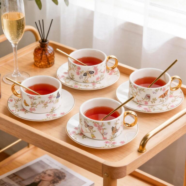 Porcelain Tea Set for 4, Stackable Coffee Cups and Saucers with Spoons – detail view 4