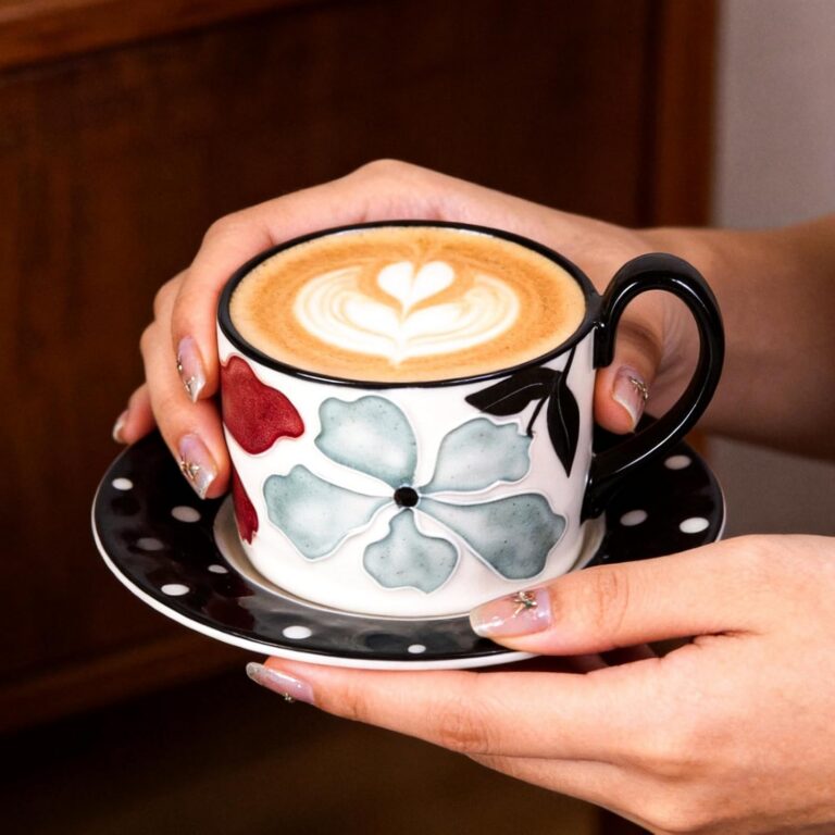 KAMMAK Coffee Cups and Saucers Set of 2, 8.5oz Ceramic Tea Cup with Saucer – detail view 3