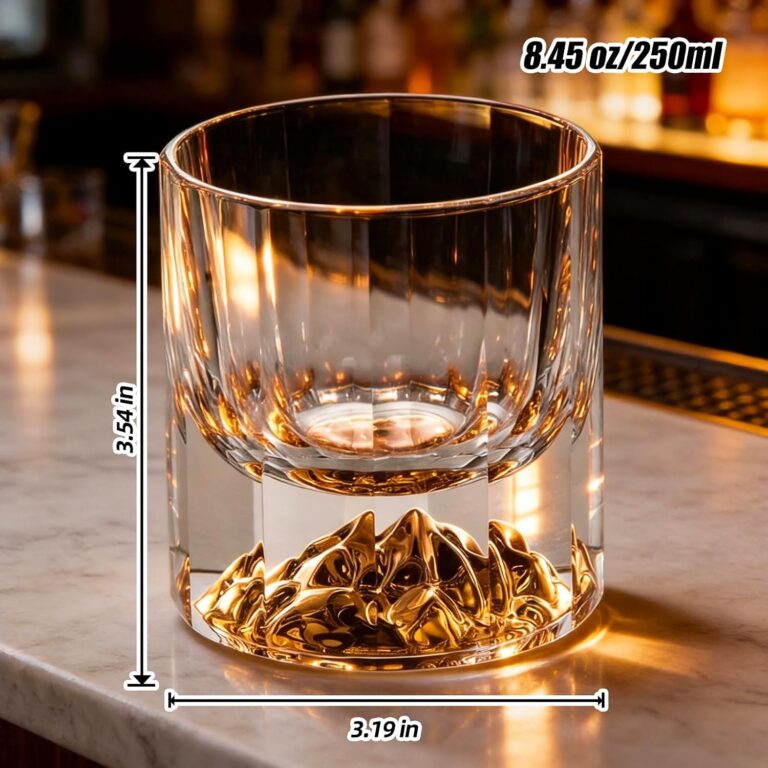 KAMMAK crystal whiskey glass dimensions: 3.54 inches high, 3.19 inches wide, 8.45 oz / 250 ml