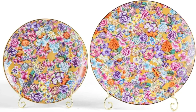 KAMMAK Gold floral ceramic decorative plate set in 8- and 10-inch sizes