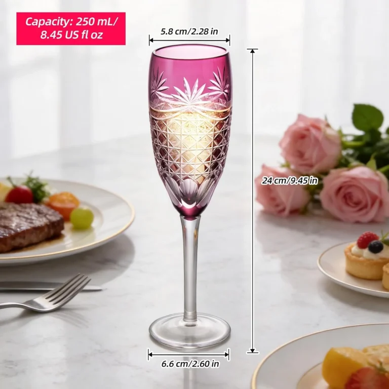 Purple champagne glasses with clear elongated stems