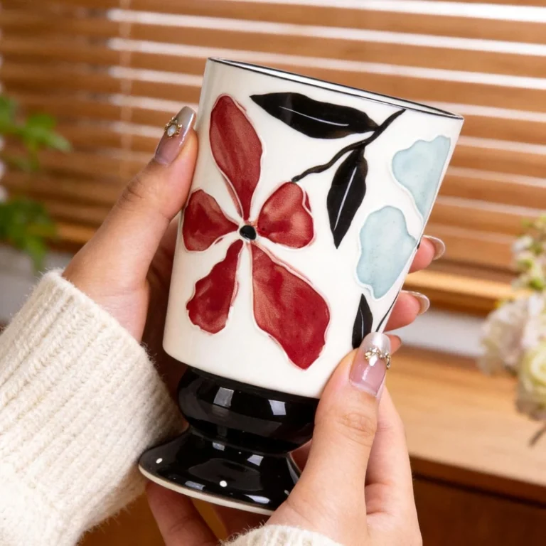 KAMMAK Black Floral Ceramic Cold Drink Cups, 13.5 oz, Set of 2 – GX018 – detail view 2