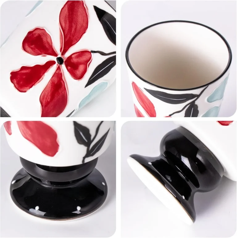 KAMMAK Black Floral Ceramic Cold Drink Cups, 13.5 oz, Set of 2 – GX018 – detail view 3