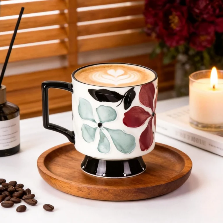 KAMMAK Black Floral Ceramic Tea Cups, 15 oz, Set of 2 – GX012 – detail view 4