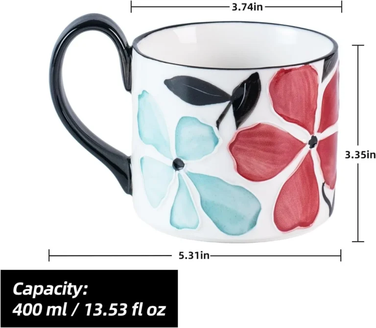 KAMMAK Black Floral Ceramic Tea Cups, 13.5 oz, Set of 2 – GX015 – product dimensions