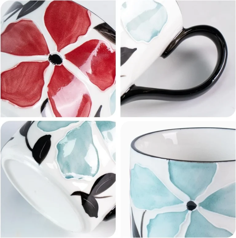 KAMMAK Black Floral Ceramic Tea Cups, 13.5 oz, Set of 2 – GX015 – detail view 3