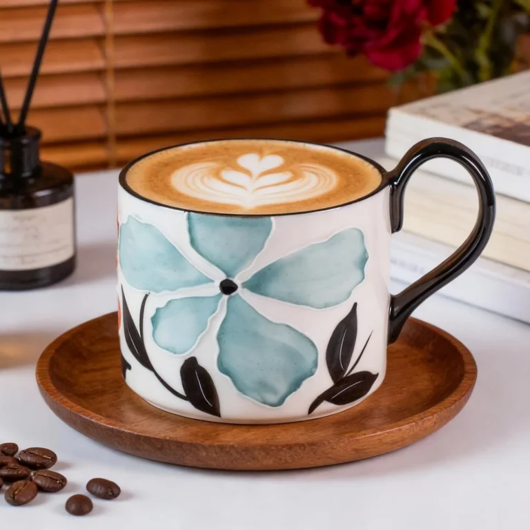 KAMMAK Black Floral Ceramic Tea Cups, 13.5 oz, Set of 2 – GX015 – detail view 4