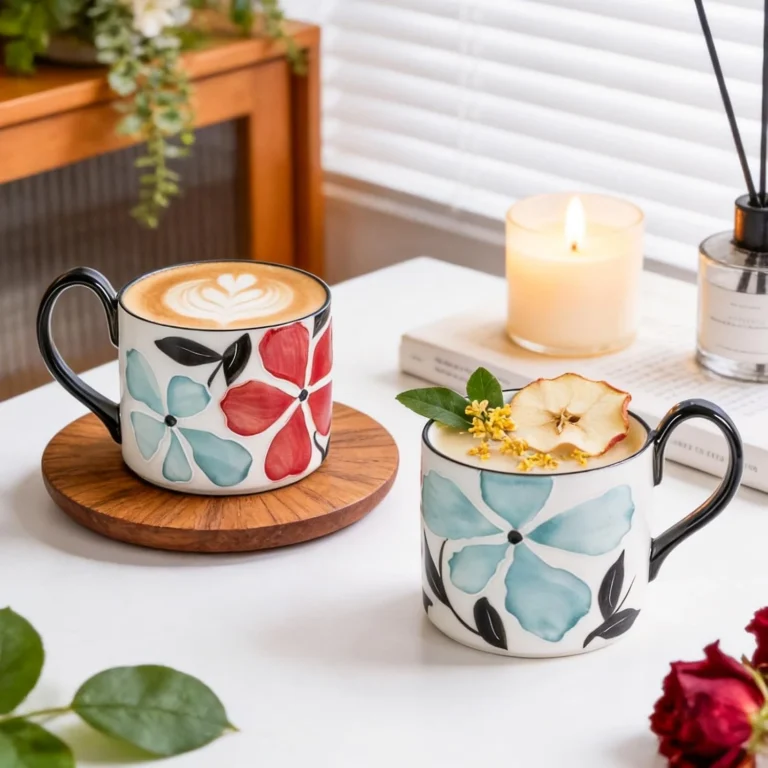 KAMMAK Black Floral Ceramic Tea Cups, 13.5 oz, Set of 2 – GX015 – detail view 1