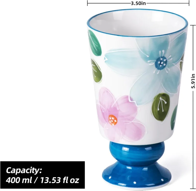 KAMMAK Blue Floral Ceramic Cold Drink Cups, 13.5 oz, Set of 2 – GX016 – product dimensions