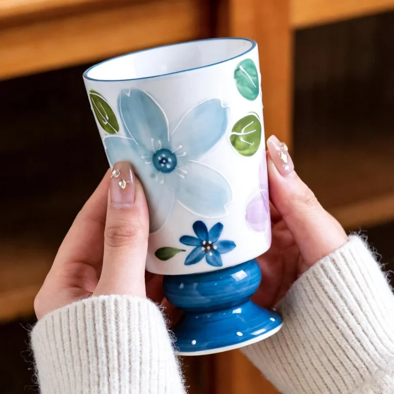 KAMMAK Blue Floral Ceramic Cold Drink Cups, 13.5 oz, Set of 2 – GX016 – detail view 4