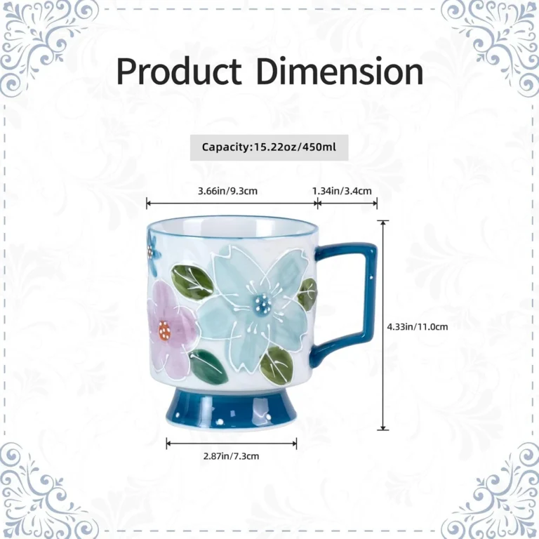 KAMMAK Blue Floral Ceramic Footed Mugs, 15 oz, Set of 2 – GX010 – product dimensions