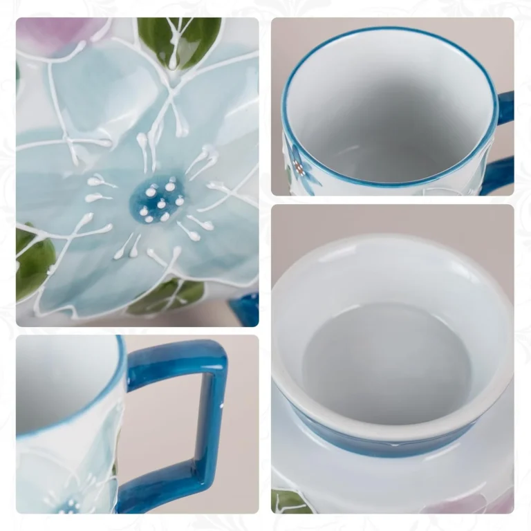 KAMMAK Blue Floral Ceramic Footed Mugs, 15 oz, Set of 2 – GX010 – detail view 3