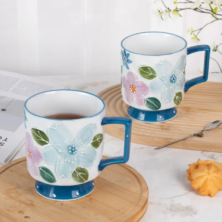 KAMMAK Blue Floral Ceramic Footed Mugs, 15 oz, Set of 2 – GX010 – detail view 1