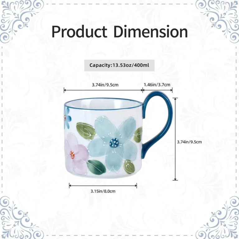KAMMAK Blue Floral Ceramic Mugs, 13.5 oz, Set of 2 – GX013 – product dimensions