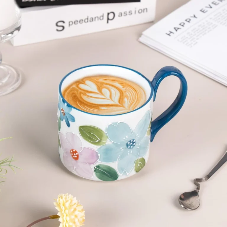 KAMMAK Blue Floral Ceramic Mugs, 13.5 oz, Set of 2 – GX013 – detail view 3
