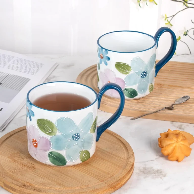 KAMMAK Blue Floral Ceramic Mugs, 13.5 oz, Set of 2 – GX013 – detail view 1