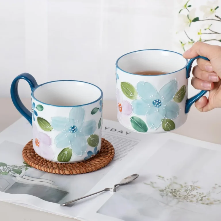 KAMMAK Blue Floral Ceramic Mugs, 13.5 oz, Set of 2 – GX013 – detail view 4