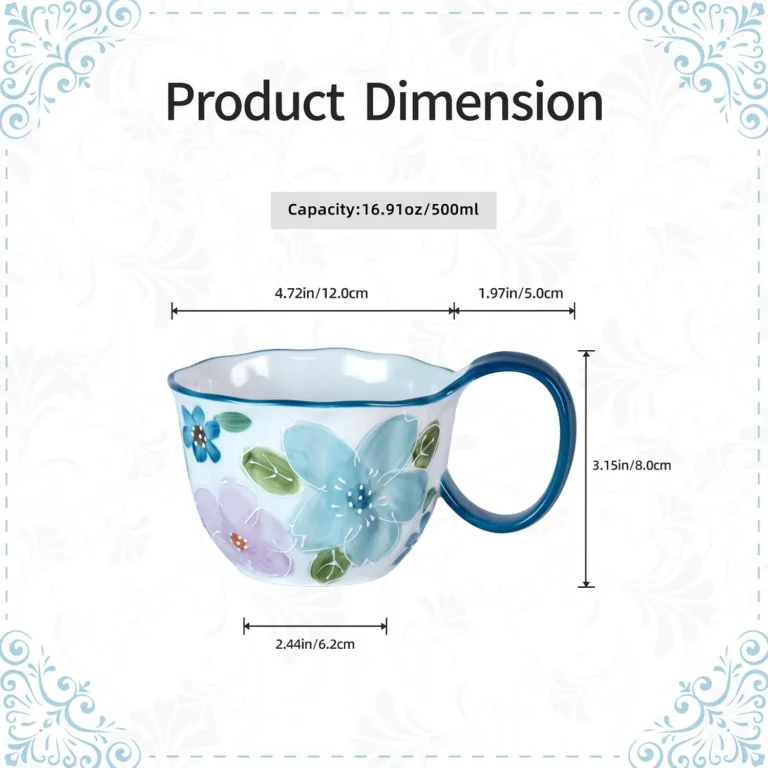 KAMMAK Blue Floral Ceramic Tea Cup with Curved Handle – GX007 – product dimensions