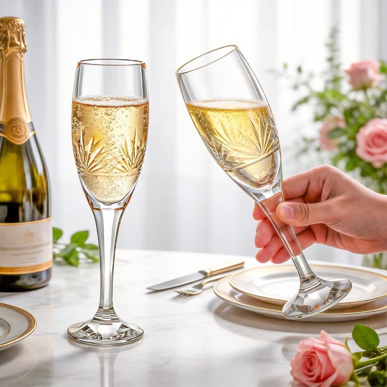 White etched crystal stemware for sparkling wine and toasts