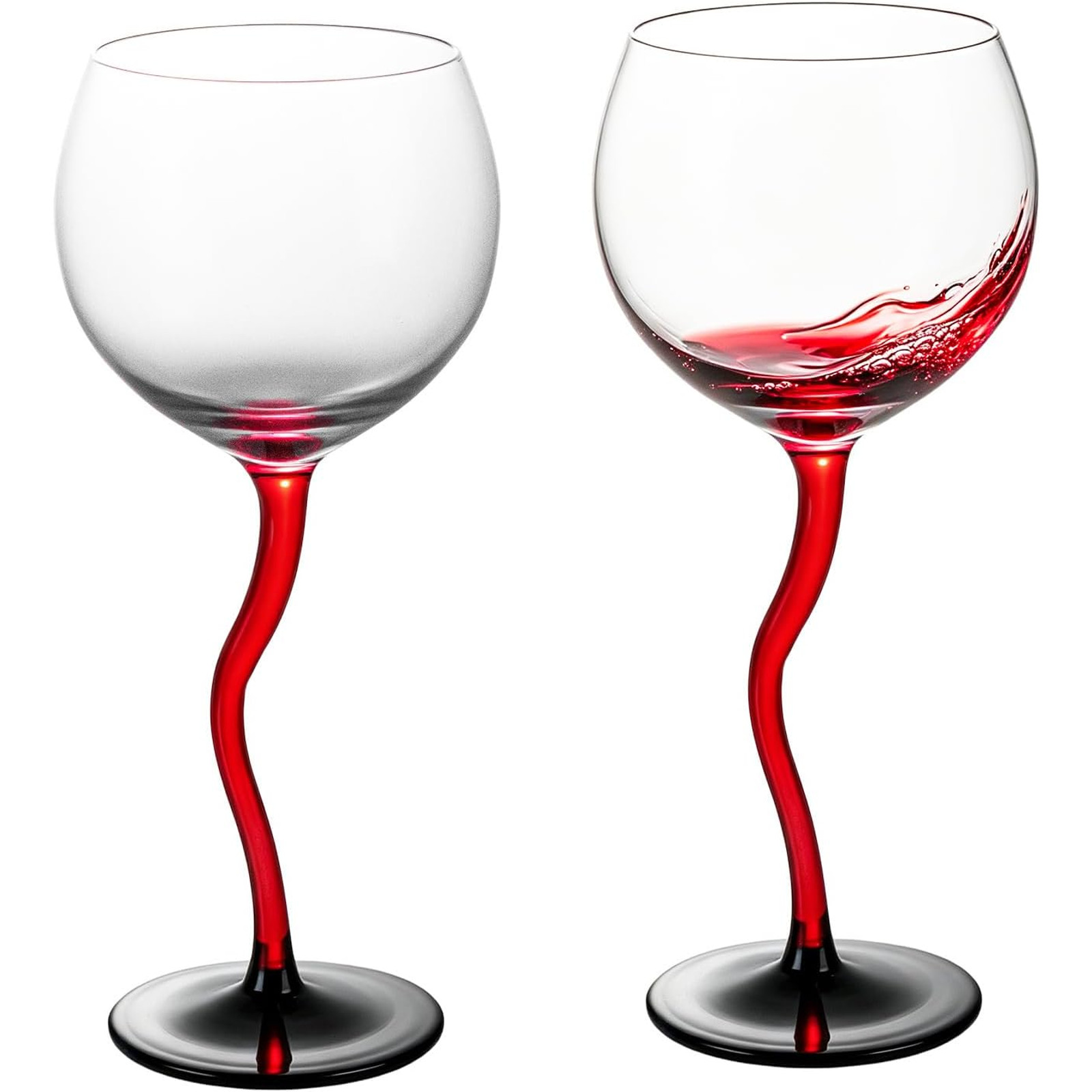 Two XH066 wine glasses with round clear bowls, curved red stems, and dark round feet