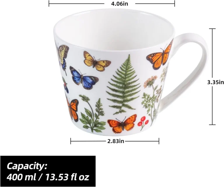 KAMMAK Lavender & Butterfly Bone China Mugs, 13 oz, Set of 2 – YX029+30 – product dimensions