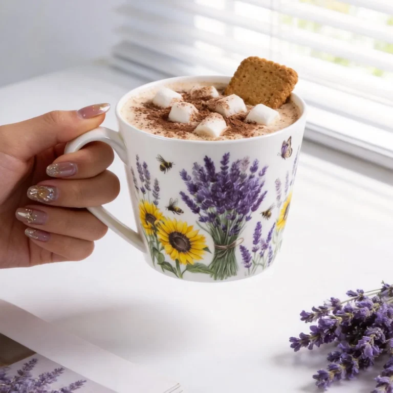 KAMMAK Lavender & Butterfly Bone China Mugs, 13 oz, Set of 2 – YX029+30 – detail view 2