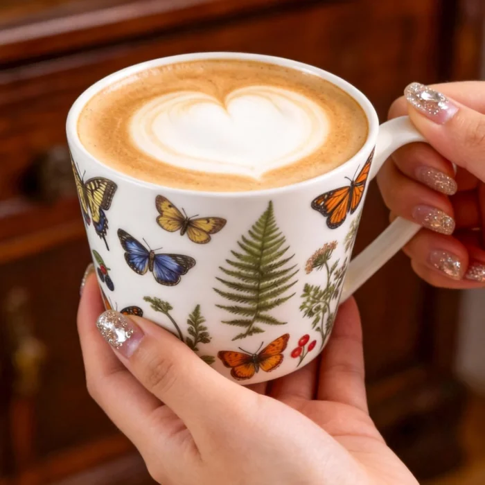 kammak-lavender-butterfly-bone-china-mugs-set-yx029-30-5 KAMMAK 8CZYX029+30 ceramic cup and saucer scale and proportion view image 6