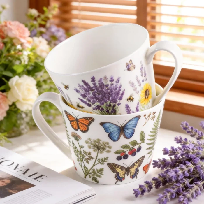 kammak-lavender-butterfly-bone-china-mugs-set-yx029-30-6 KAMMAK 8CZYX029+30 ceramic cup and saucer front view for product display