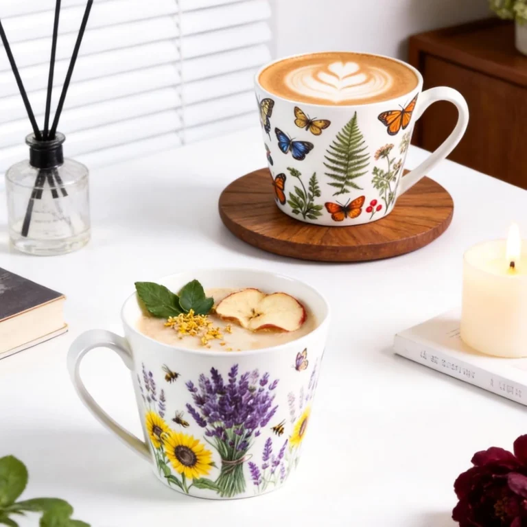 KAMMAK Lavender & Butterfly Bone China Mugs, 13 oz, Set of 2 – YX029+30 – detail view 4