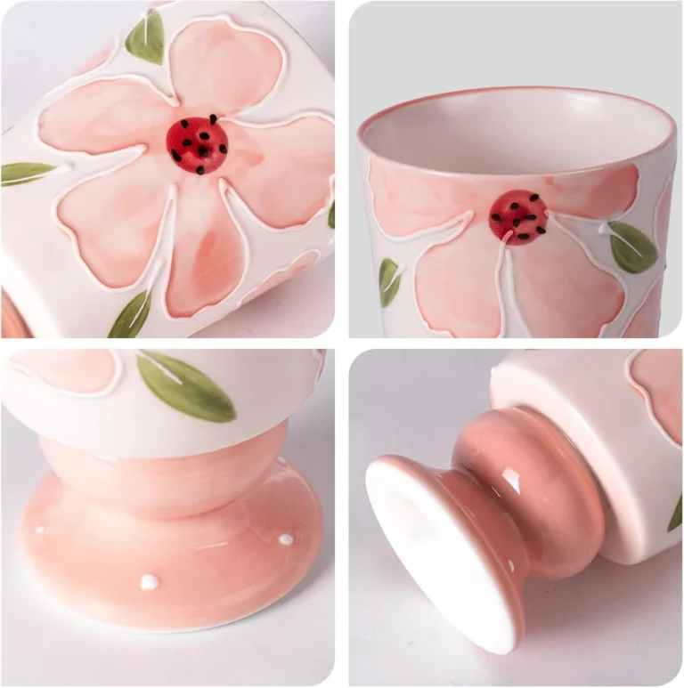 KAMMAK Pink Floral Ceramic Cold Drink Cups, 13.5 oz, Set of 2 – GX017 – detail view 3