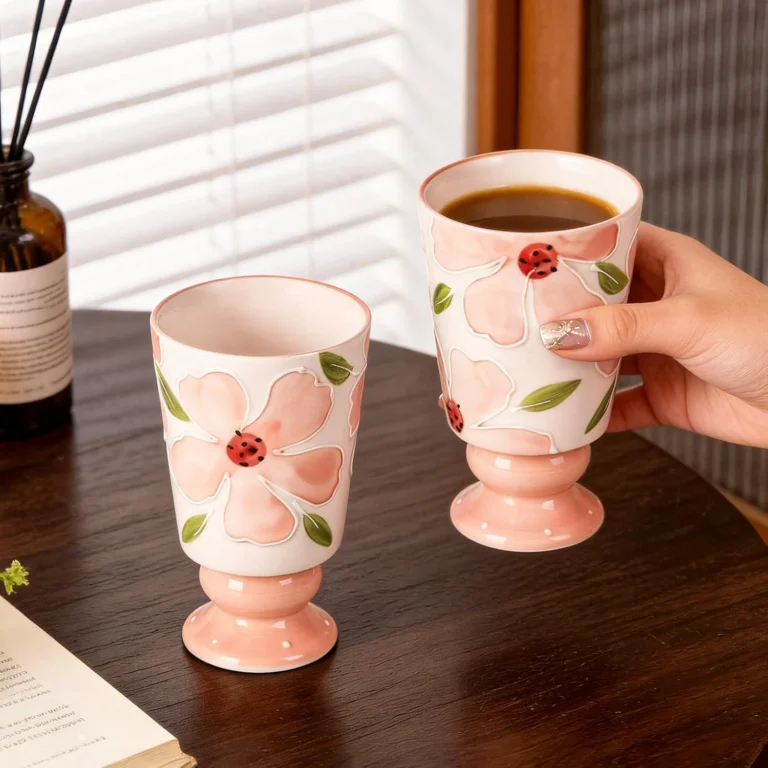 KAMMAK Pink Floral Ceramic Cold Drink Cups, 13.5 oz, Set of 2 – GX017 – detail view 4