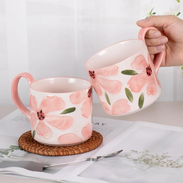 KAMMAK Pink Floral Ceramic Mugs, 13.5 oz, Set of 2 – GX014 – detail view 4