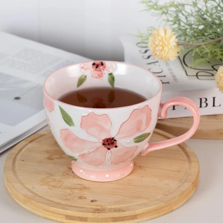 KAMMAK Pink Floral Ceramic Tea Cup with Footed Base – GX002 – detail view 3