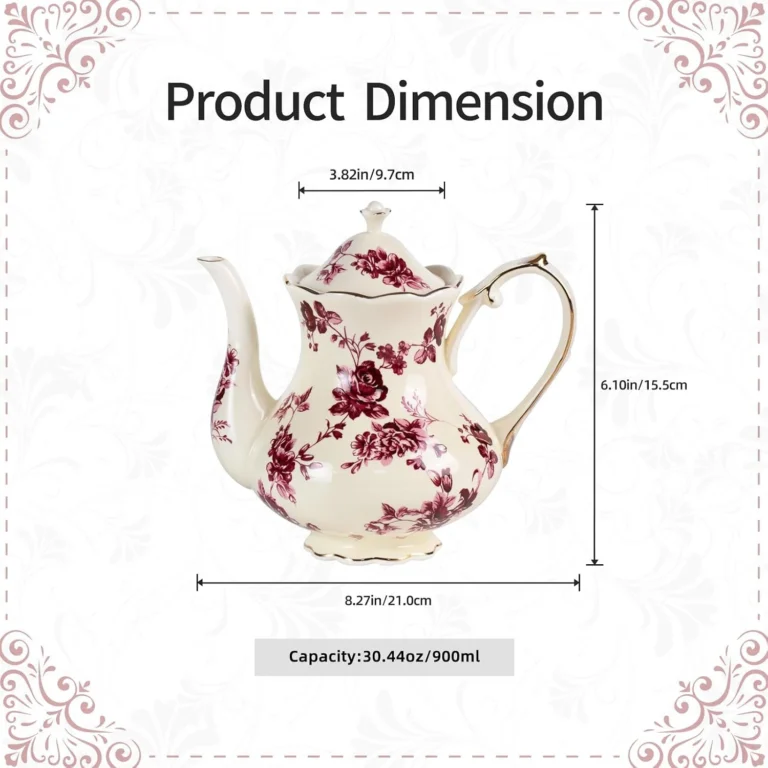 KAMMAK Vintage Floral Porcelain Teapot with Gold Trim, 30 oz – SY018 – product dimensions
