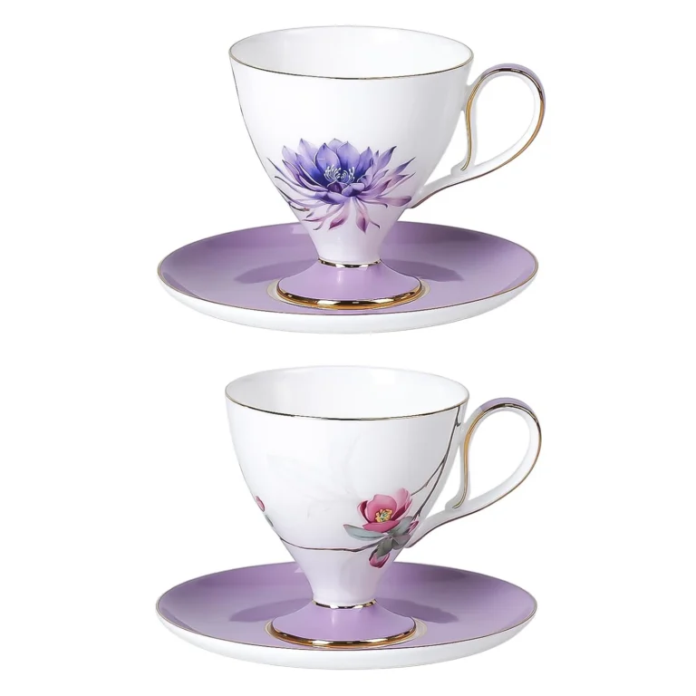 KAMMAK porcelain tea cups and saucers with floral pattern and gold trim