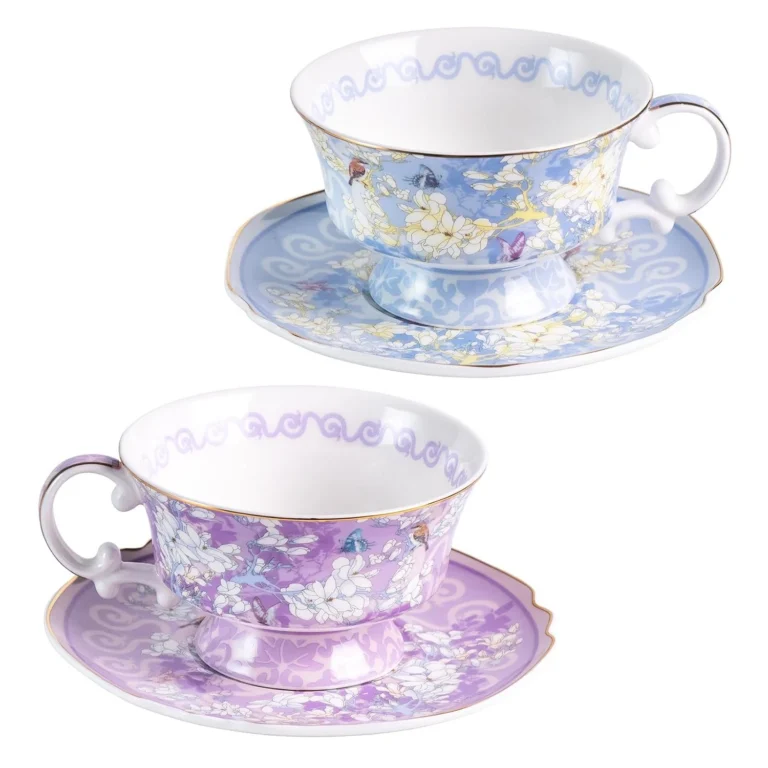 KAMMAK 8CZYX027+28 Feather Floral Plaid porcelain tea cups and saucers set