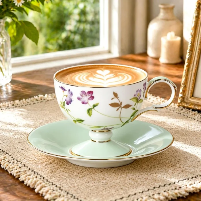 tea-cup-set-february-orchid-5 KAMMAK 8CZRX023 ceramic cup and saucer front view for product display