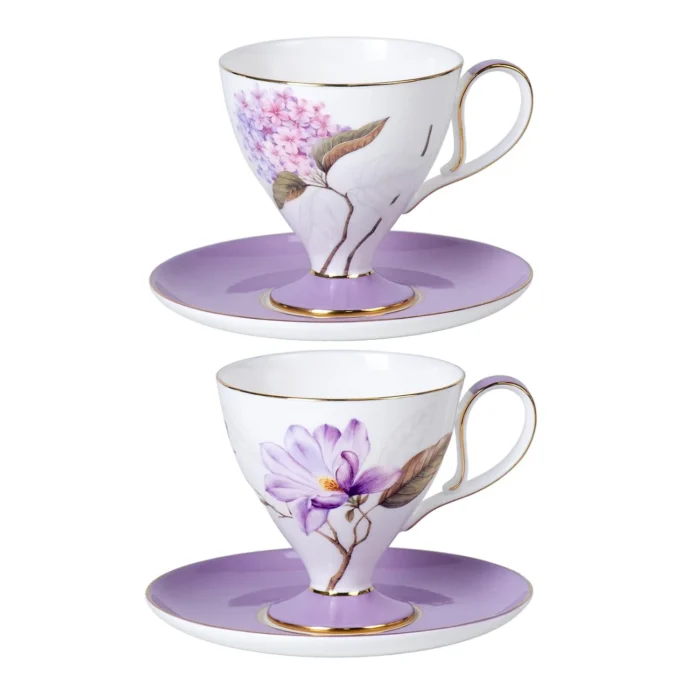 tea-cup-set-magnolia-hydrangea KAMMAK 8CZRX017+18 ceramic cup and saucer side angle view showing silhouette
