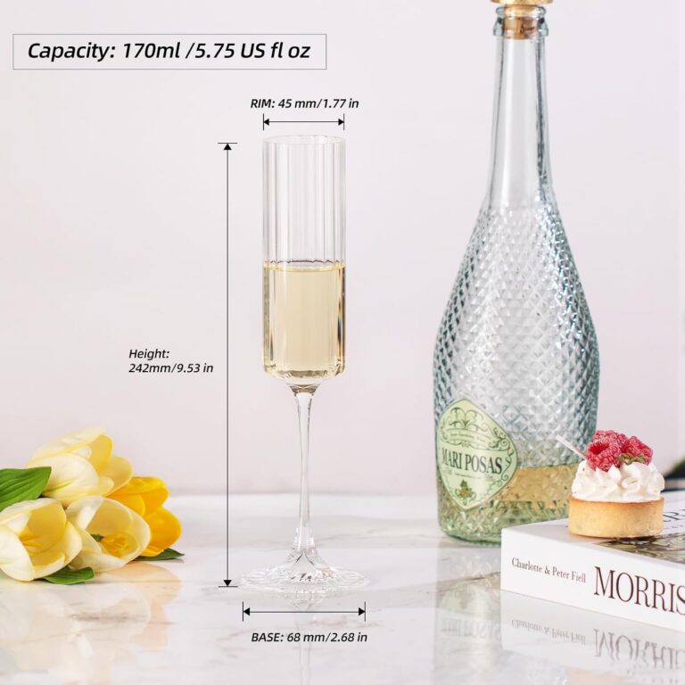 KAMMAK ribbed champagne flute dimensions: 170 ml capacity, 9.53 inch height, 1.77 inch rim and 2.68 inch base