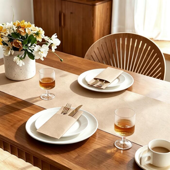 KAMMAK Khaki Disposable Paper Table Runner Roll, 16.5 in × 78.7 ft – image 2 KAMMAK 7KPSP999N dinner napkins side angle view showing silhouette