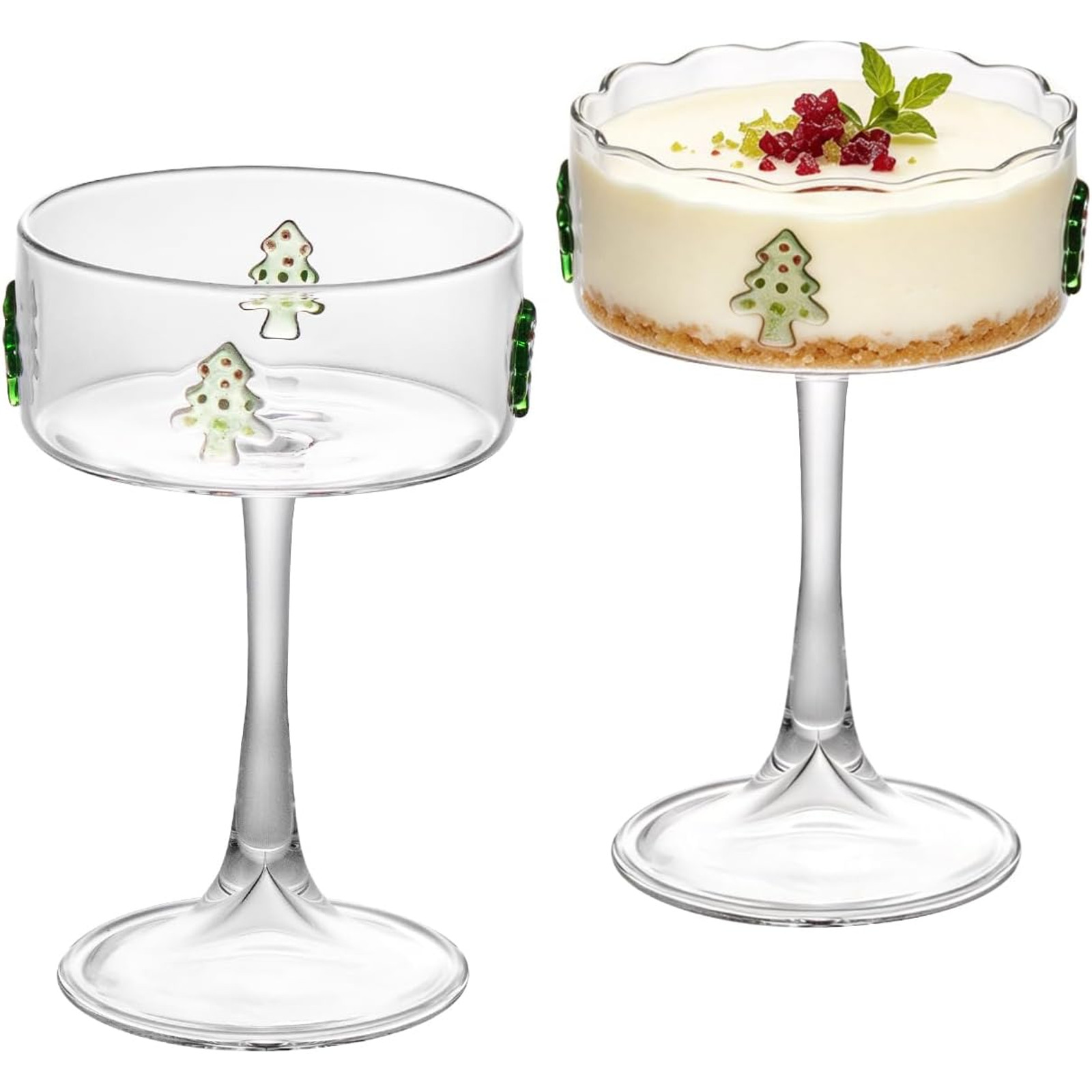 Two clear long-stem dessert cups with Christmas tree decoration; one holds a layered dessert.