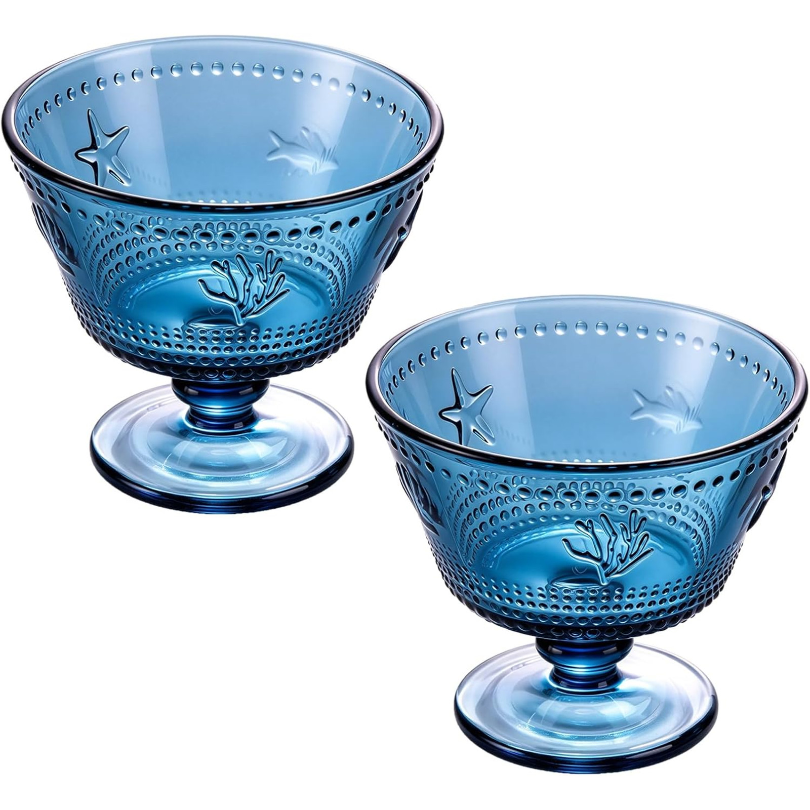 Two blue footed dessert cups with sea motifs and dotted glass details.